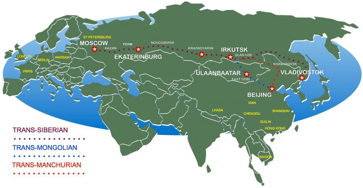 mapa de Moscou a vladivostok tren ruta